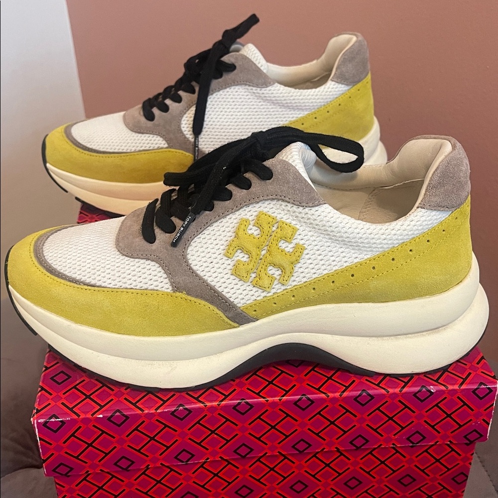 Tory Burch Yellow, White, and Gray Sneakers